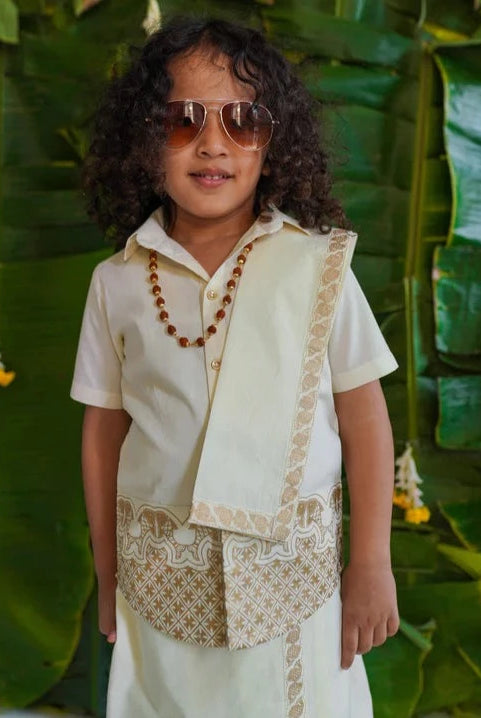 Rajnikant 3pc Cotton Mundu Set in Cream - Nimbu Kids