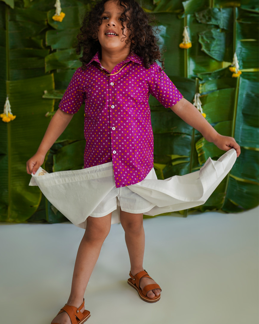 Traditional Bandhani Shirt in Purple - Nimbu Kids