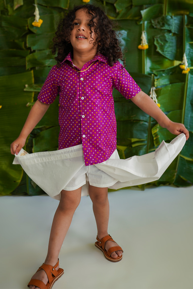 Traditional Bandhani Shirt in Purple - Nimbu Kids