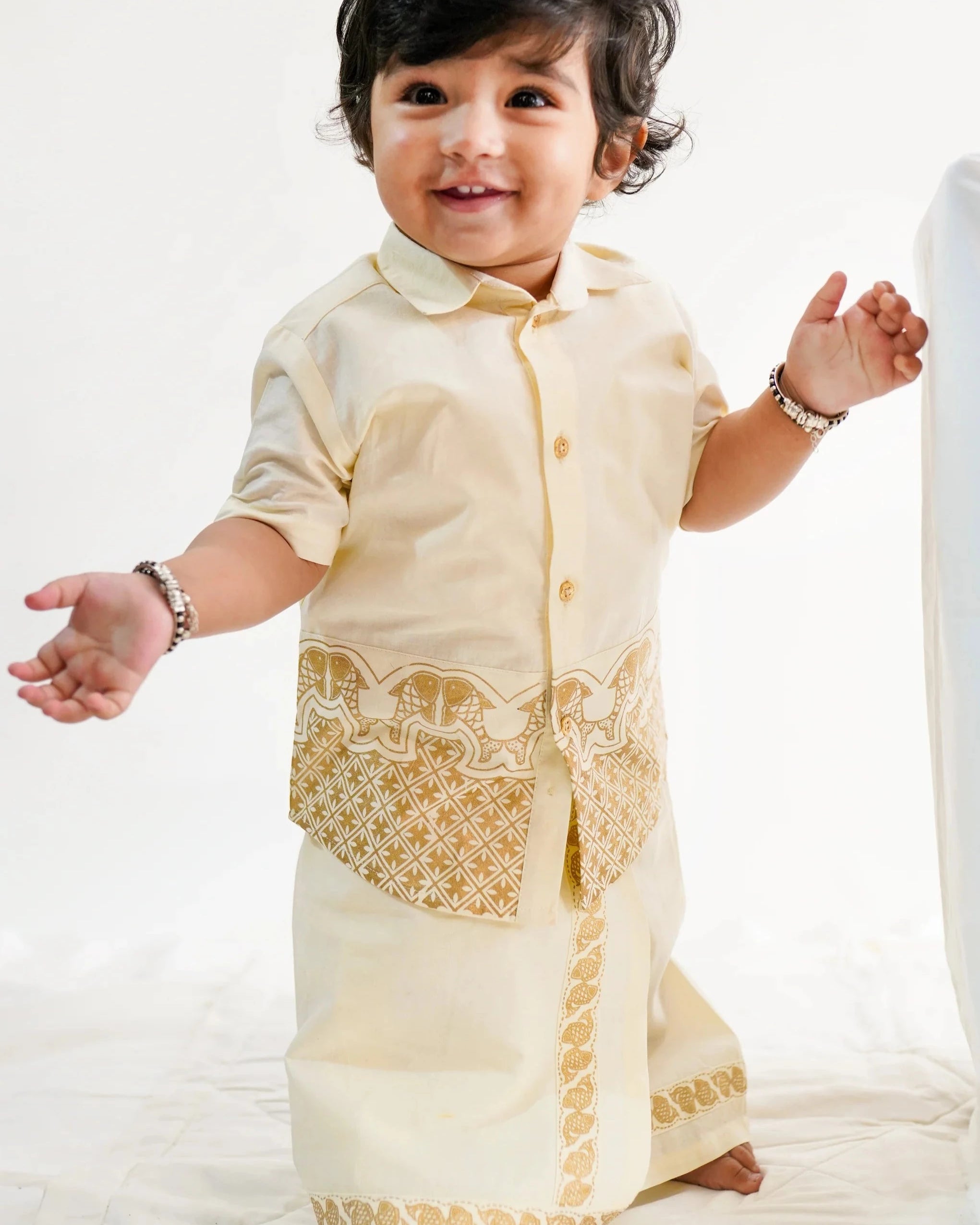 Rajnikant 3pc Cotton Mundu Set in Cream - Nimbu Kids