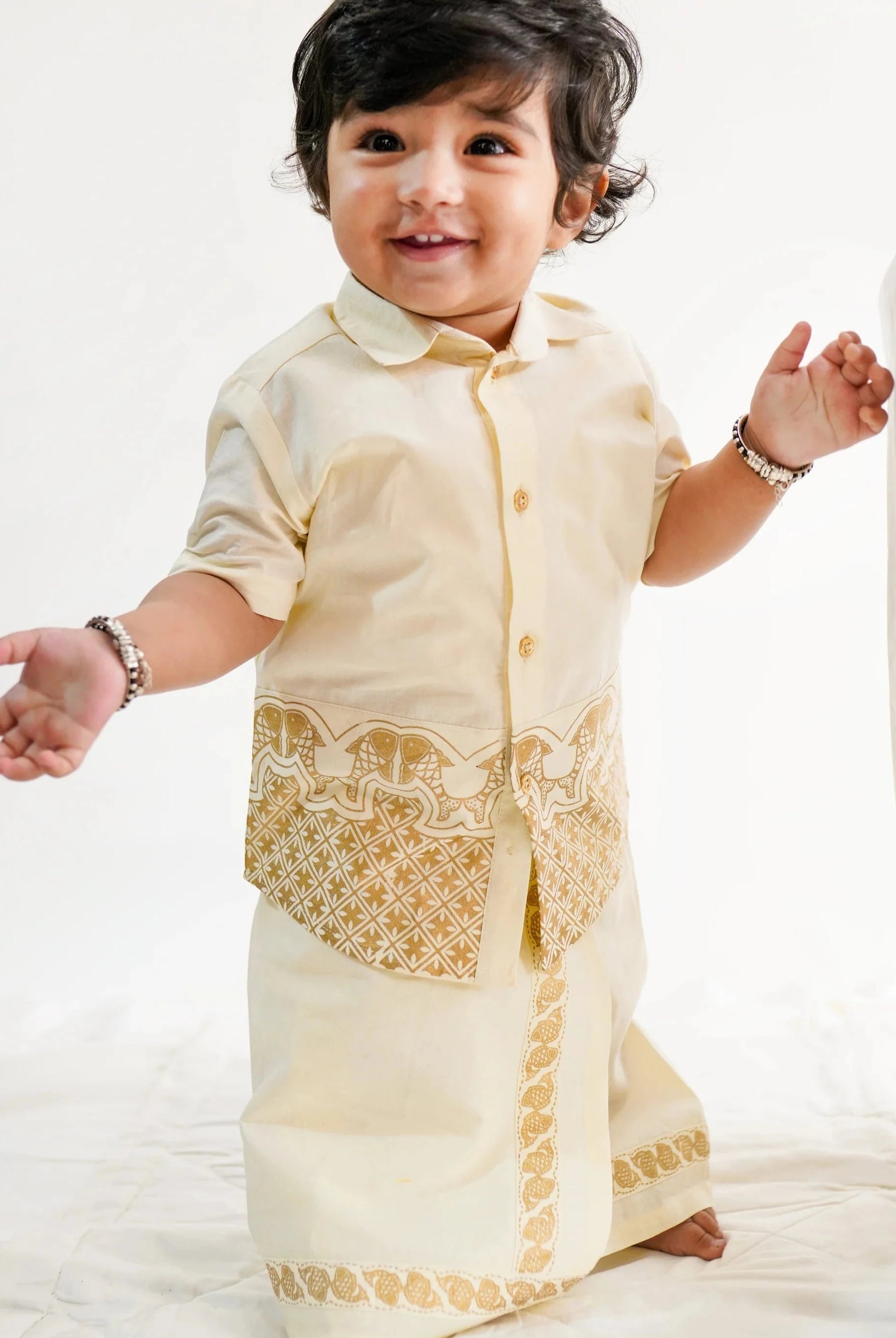 Rajnikant 3pc Cotton Mundu Set in Cream - Nimbu Kids