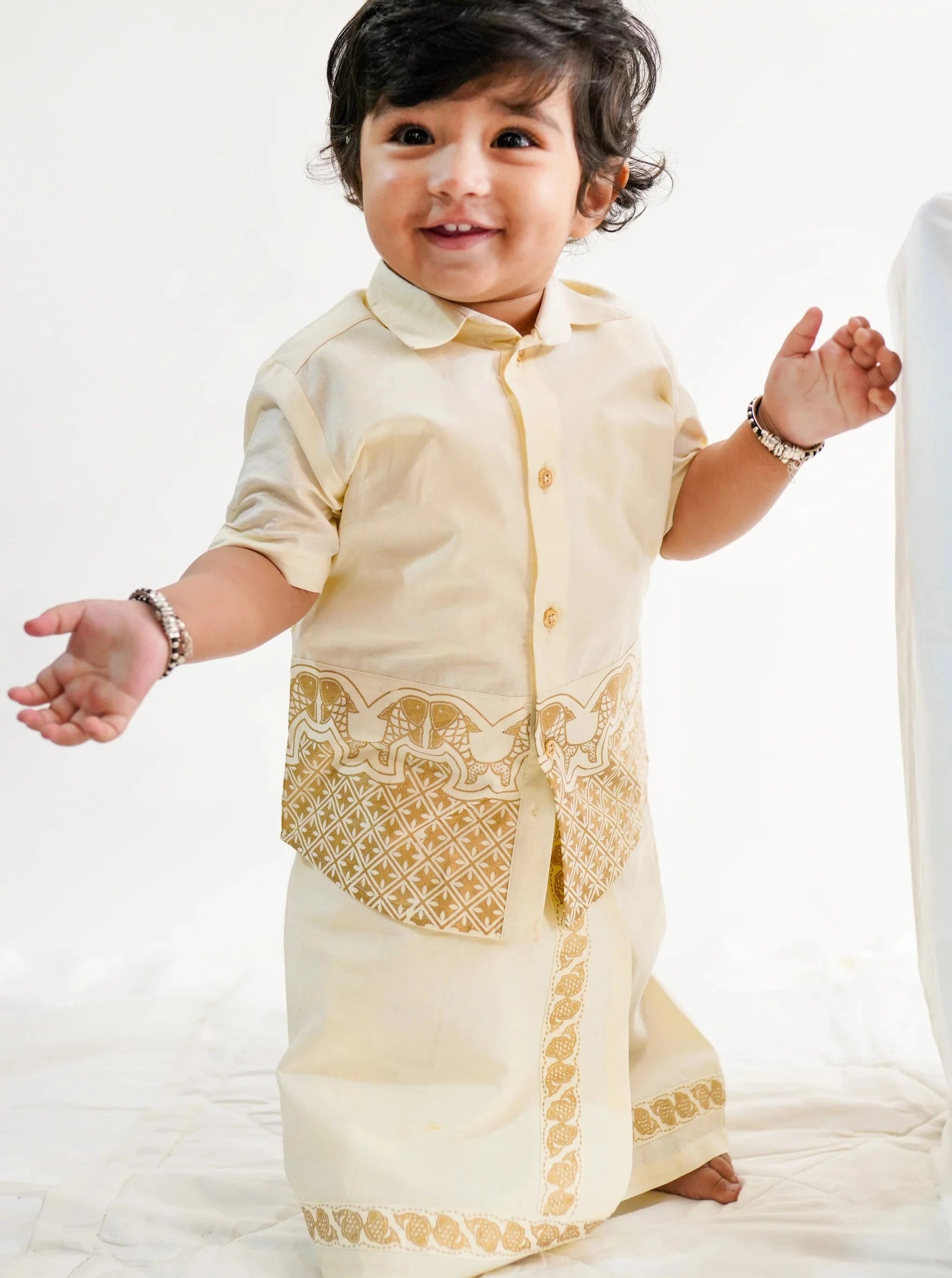 Rajnikant 3pc Cotton Mundu Set in Cream - Nimbu Kids