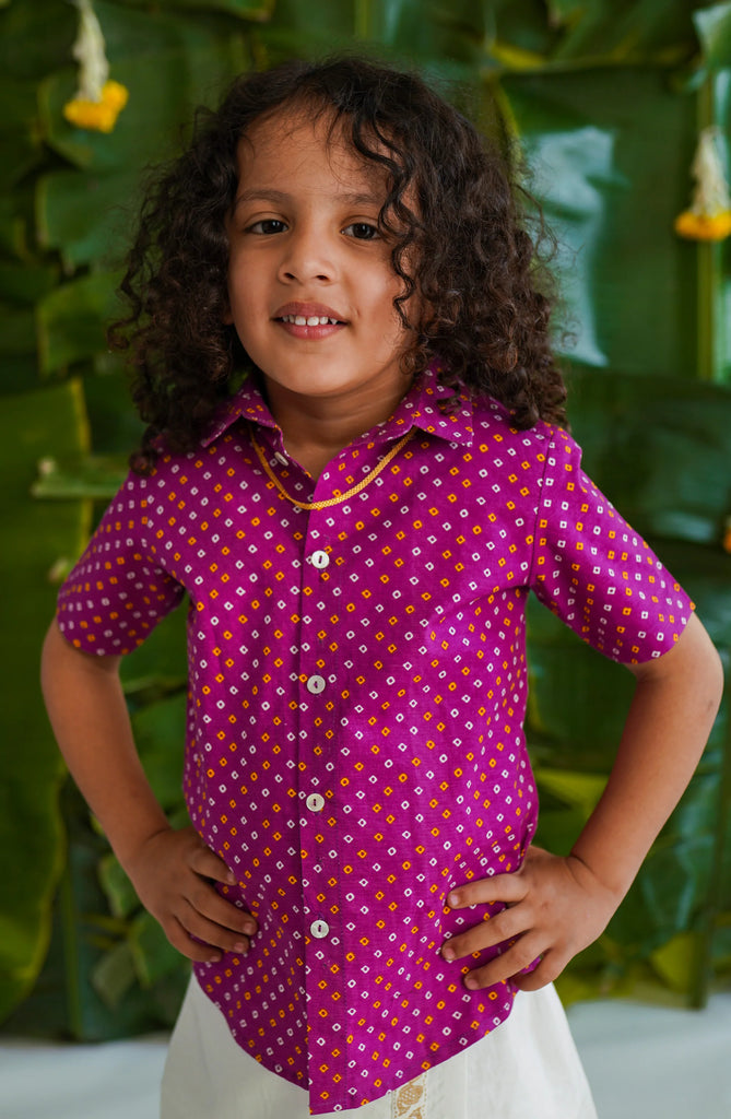Traditional Bandhani Shirt in Purple - Nimbu Kids