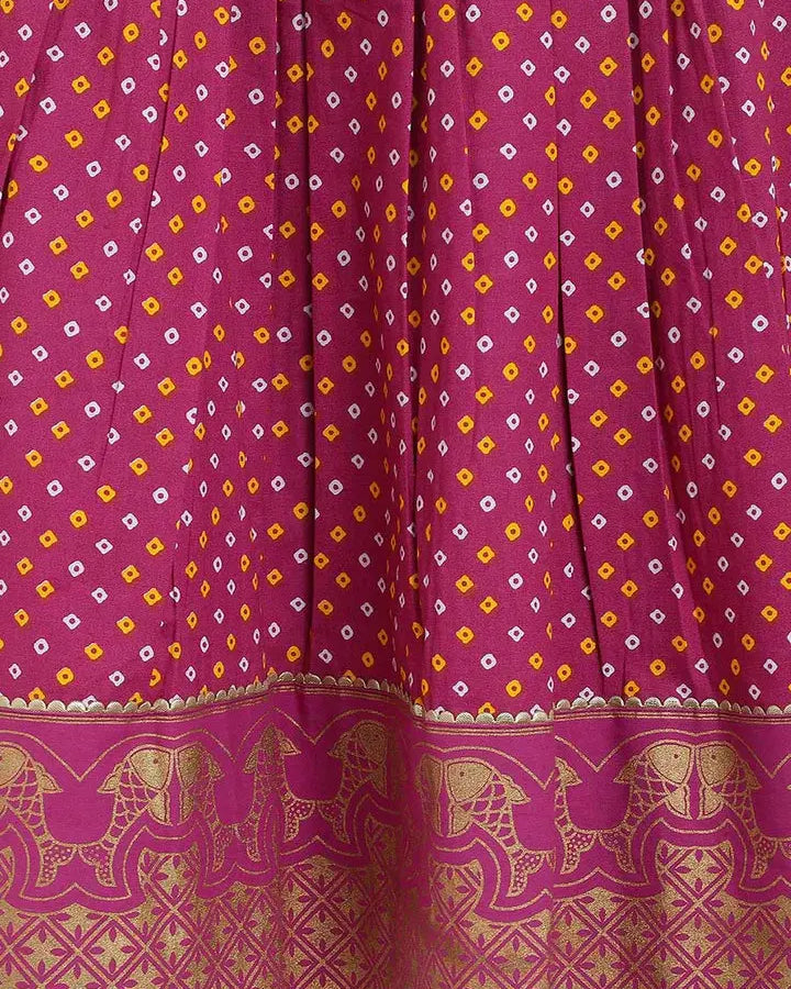 North meets South Bandhani Cotton Pavadai in Yellow & Purple - Nimbu Kids