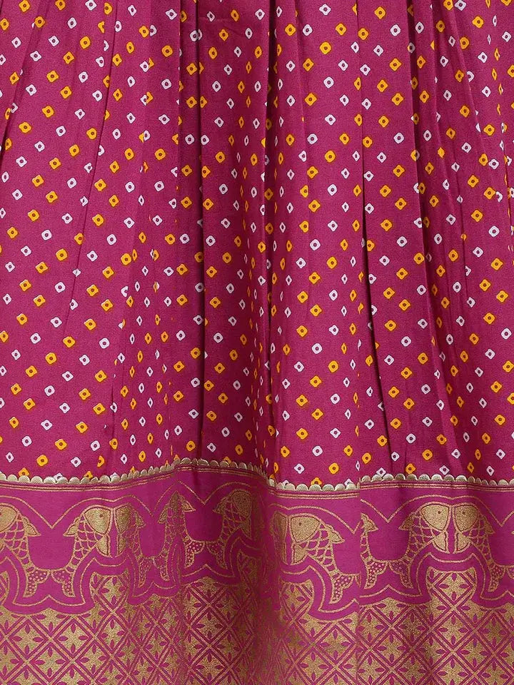 North meets South Bandhani Cotton Pavadai in Yellow & Purple - Nimbu Kids