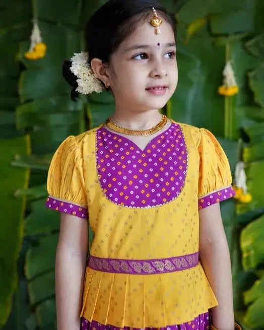 North meets South Bandhani Cotton Pavadai in Yellow & Purple - Nimbu Kids