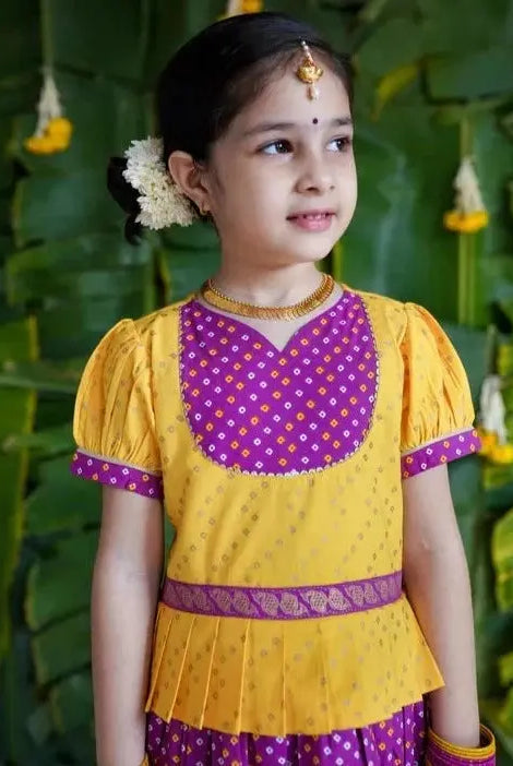 North meets South Bandhani Cotton Pavadai in Yellow & Purple - Nimbu Kids