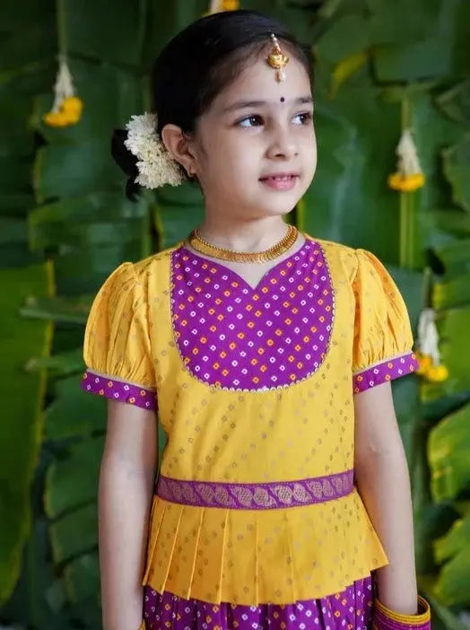 North meets South Bandhani Cotton Pavadai in Yellow & Purple - Nimbu Kids