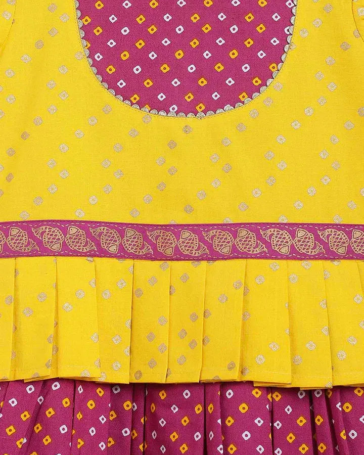 North meets South Bandhani Cotton Pavadai in Yellow & Purple - Nimbu Kids