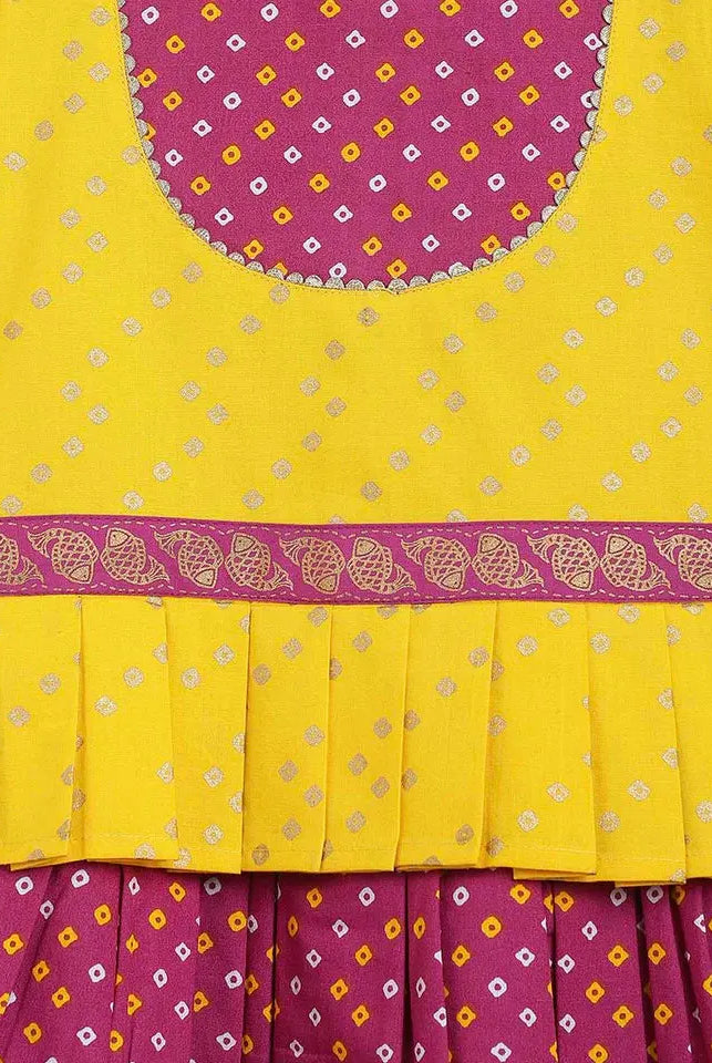 North meets South Bandhani Cotton Pavadai in Yellow & Purple - Nimbu Kids