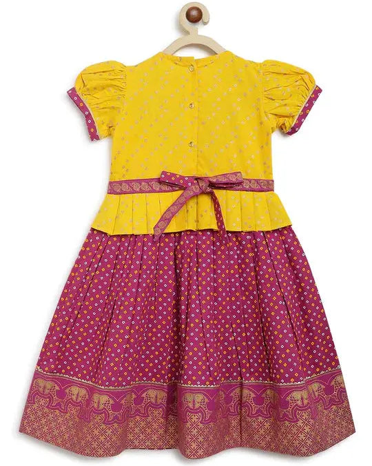 North meets South Bandhani Cotton Pavadai in Yellow & Purple - Nimbu Kids
