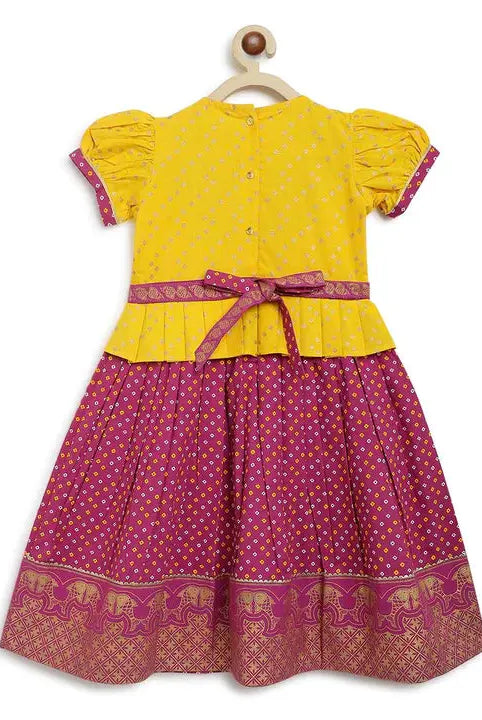 North meets South Bandhani Cotton Pavadai in Yellow & Purple - Nimbu Kids