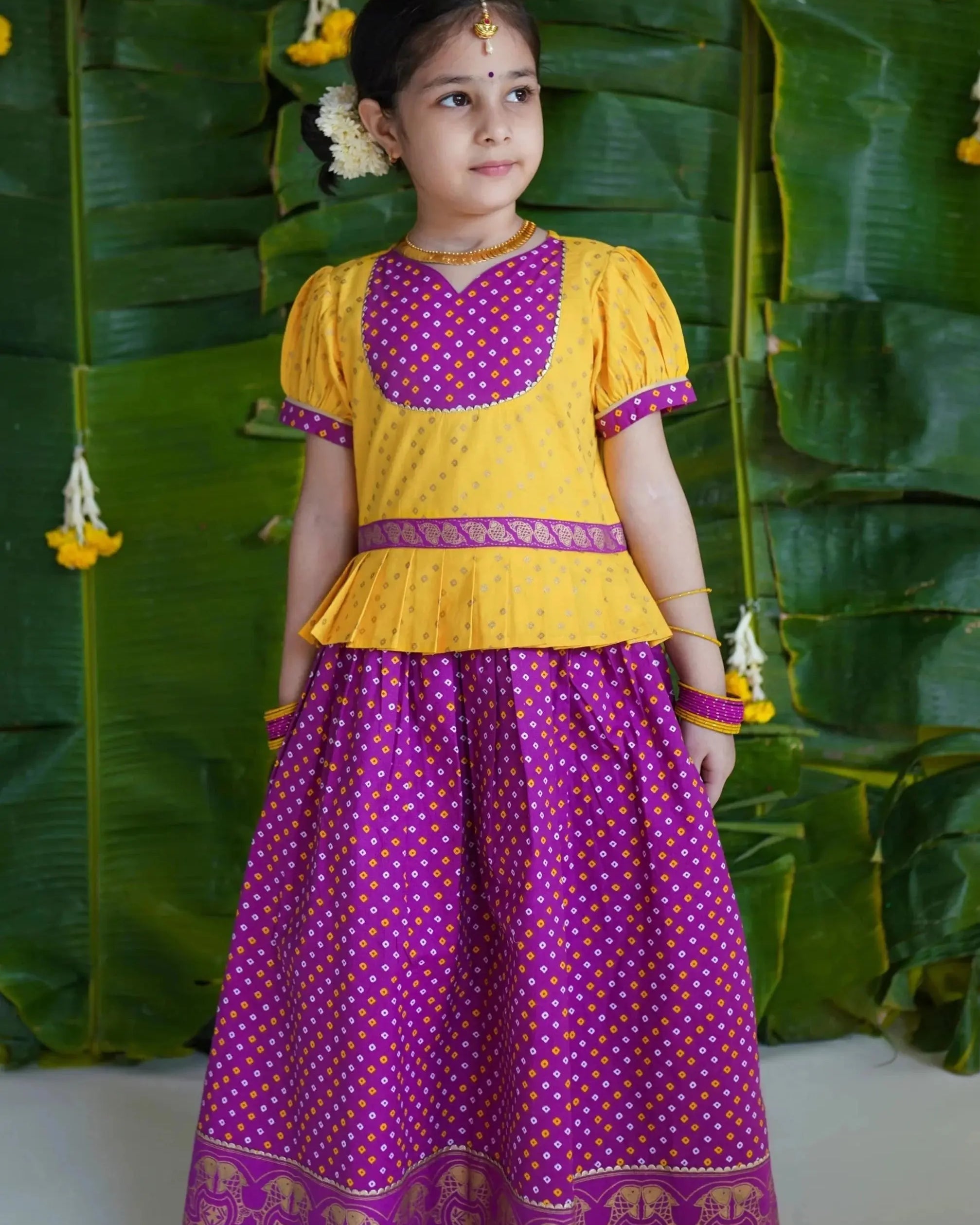North meets South Bandhani Cotton Pavadai in Yellow & Purple - Nimbu Kids