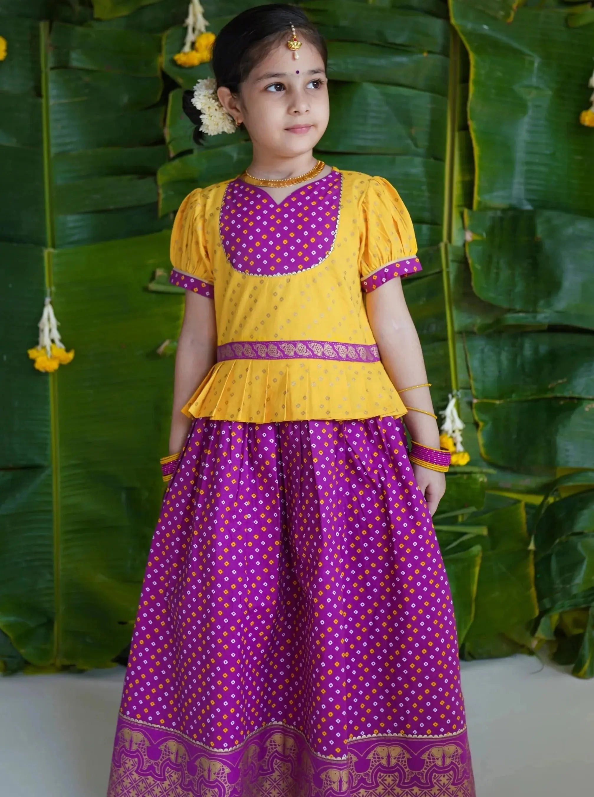 North meets South Bandhani Cotton Pavadai in Yellow & Purple - Nimbu Kids