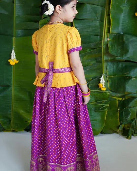 North meets South Bandhani Cotton Pavadai in Yellow & Purple - Nimbu Kids