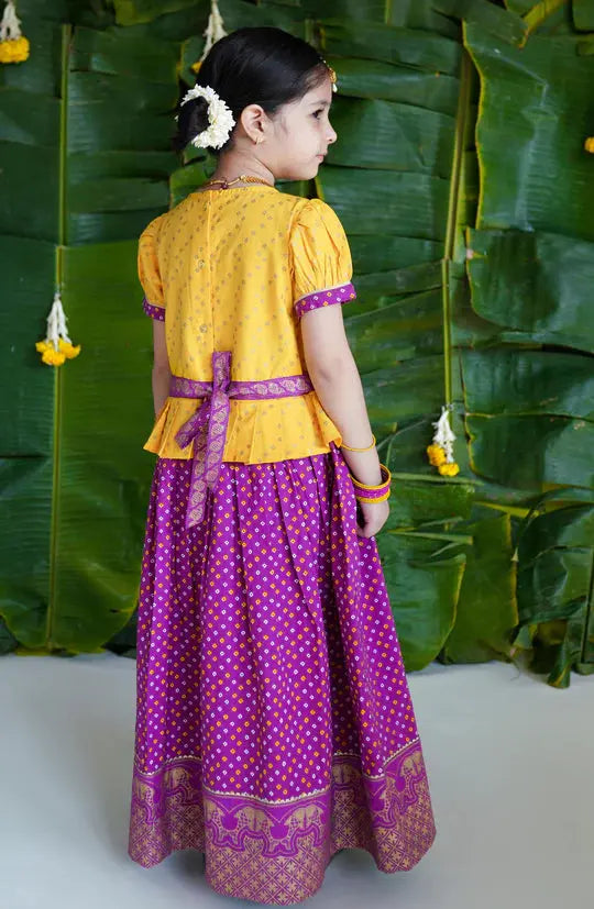 North meets South Bandhani Cotton Pavadai in Yellow & Purple - Nimbu Kids