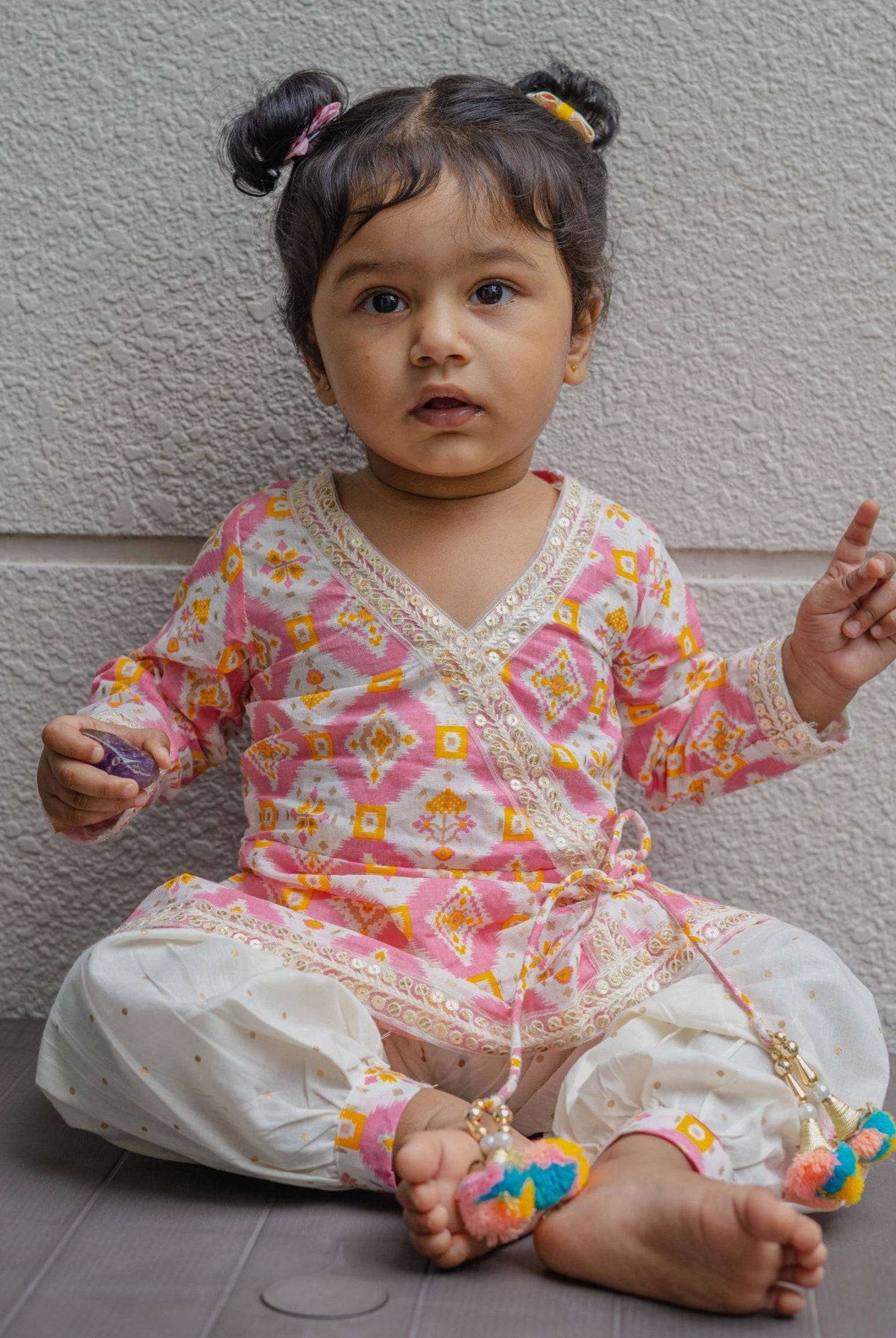 Pastel Pink Ikat Angarkha Kurti with Unicorn Colour Tassels - Nimbu Kids