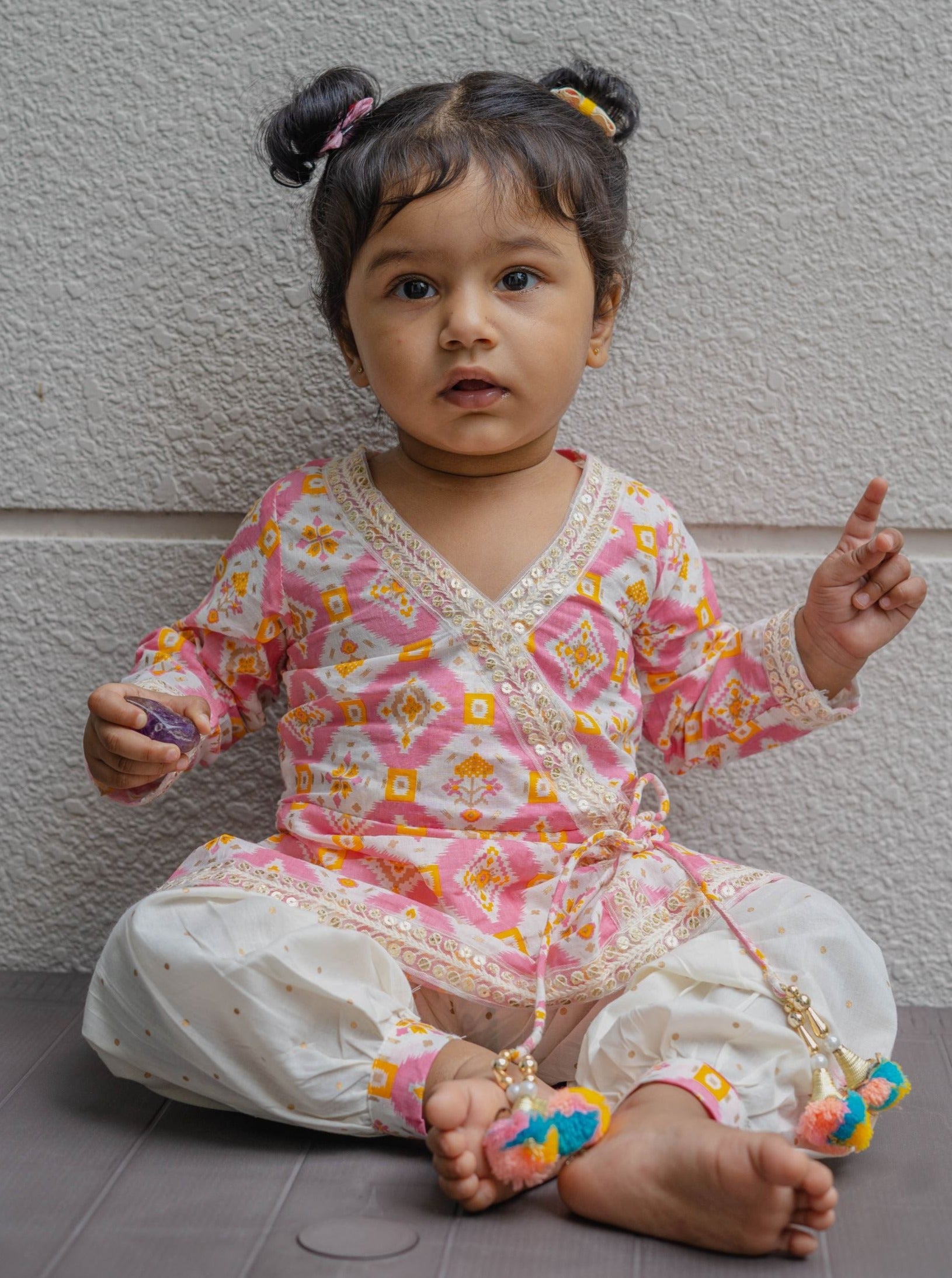 Pastel Pink Ikat Angarkha Kurti with Unicorn Colour Tassels - Nimbu Kids
