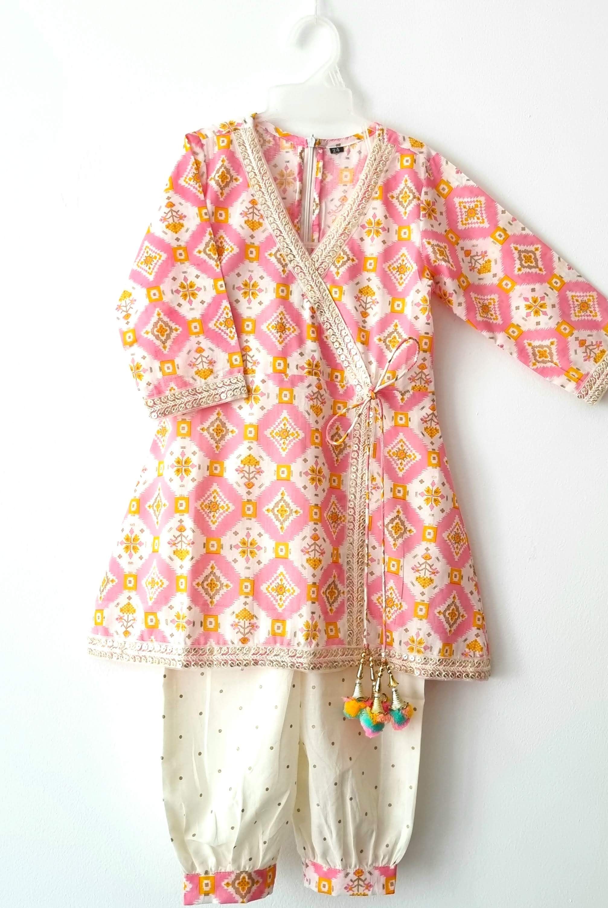 Pastel Pink Ikat Angarkha Kurti with Unicorn Colour Tassels - Nimbu Kids