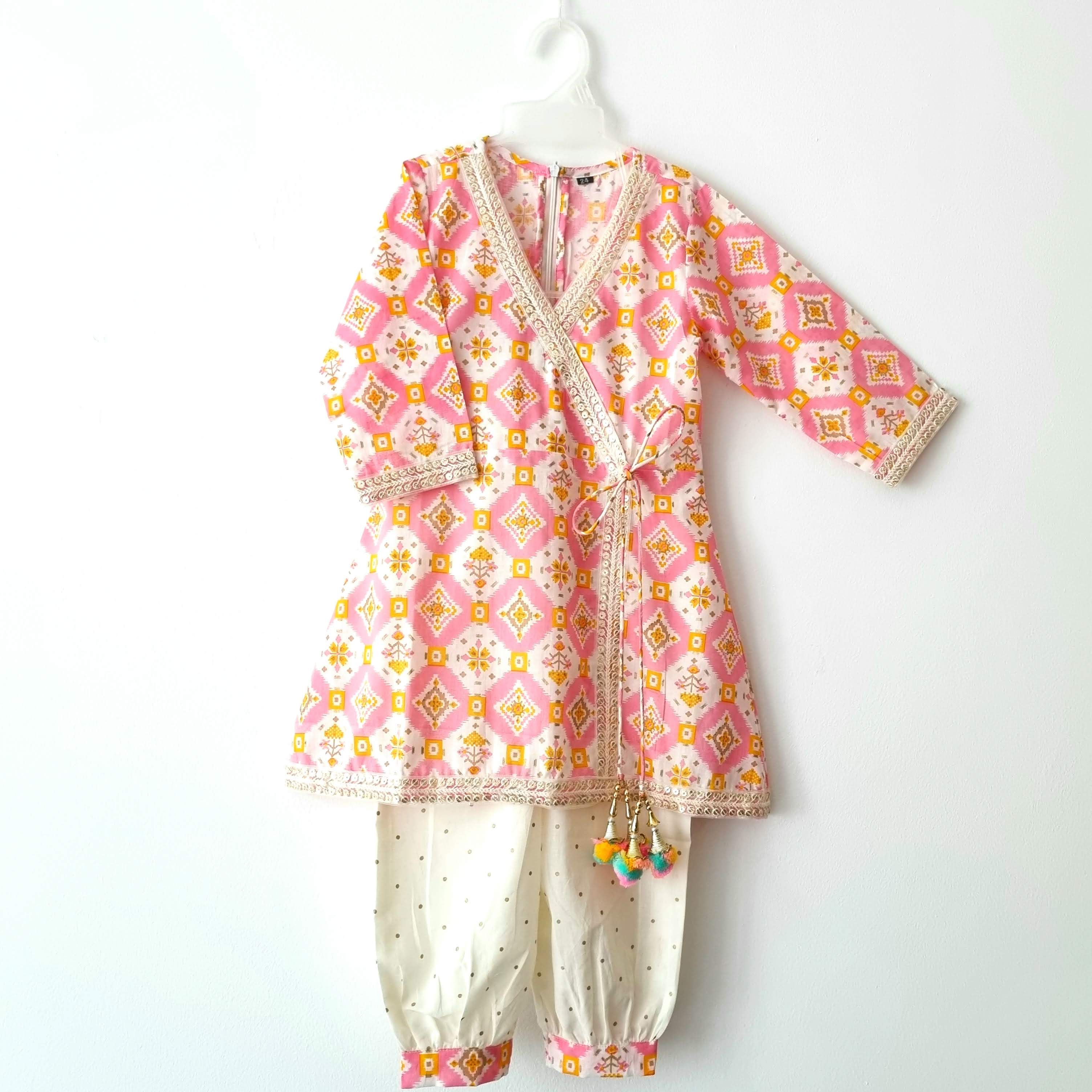 Pastel Pink Ikat Angarkha Kurti with Unicorn Colour Tassels - Nimbu Kids