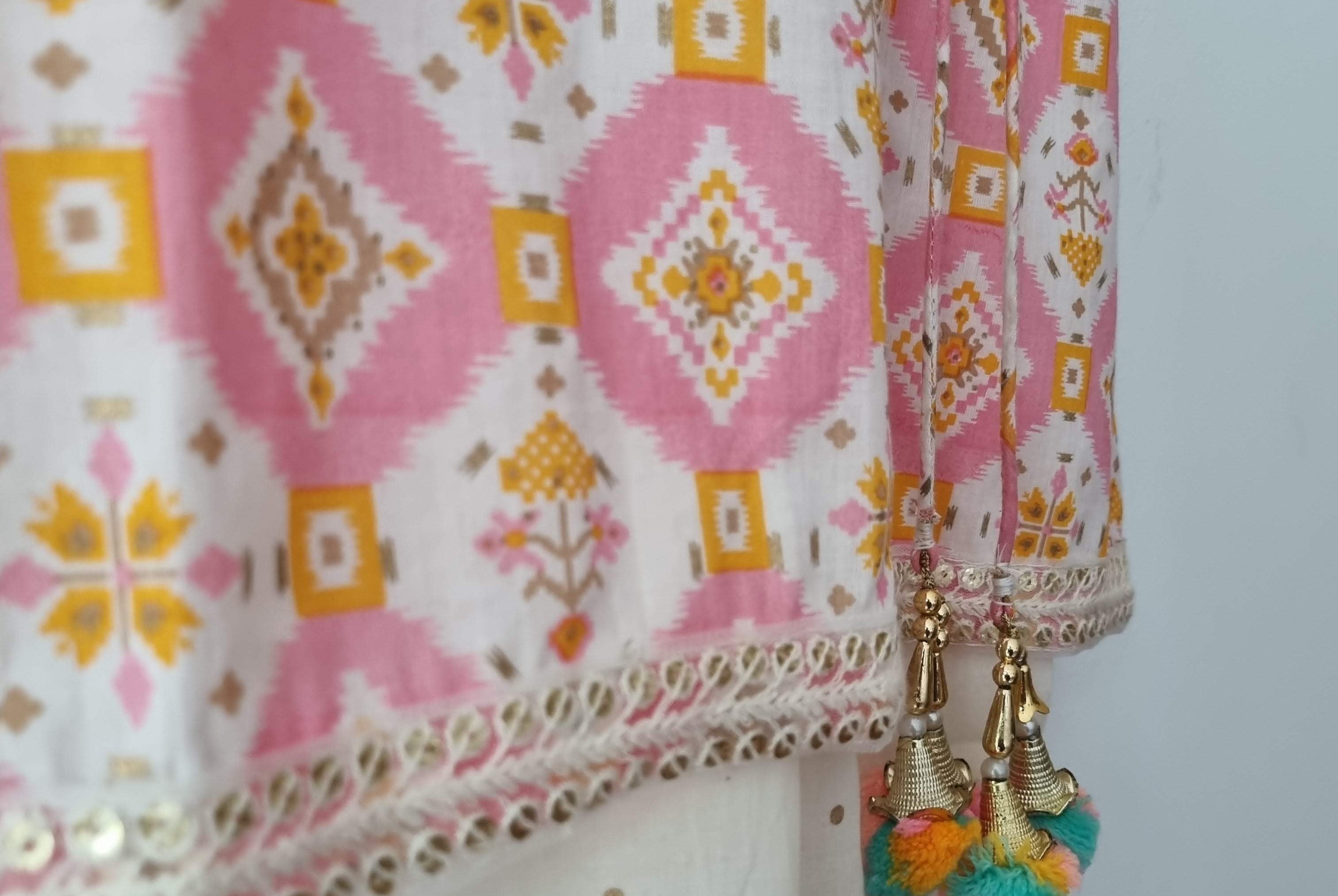 Pastel Pink Ikat Angarkha Kurti with Unicorn Colour Tassels - Nimbu Kids