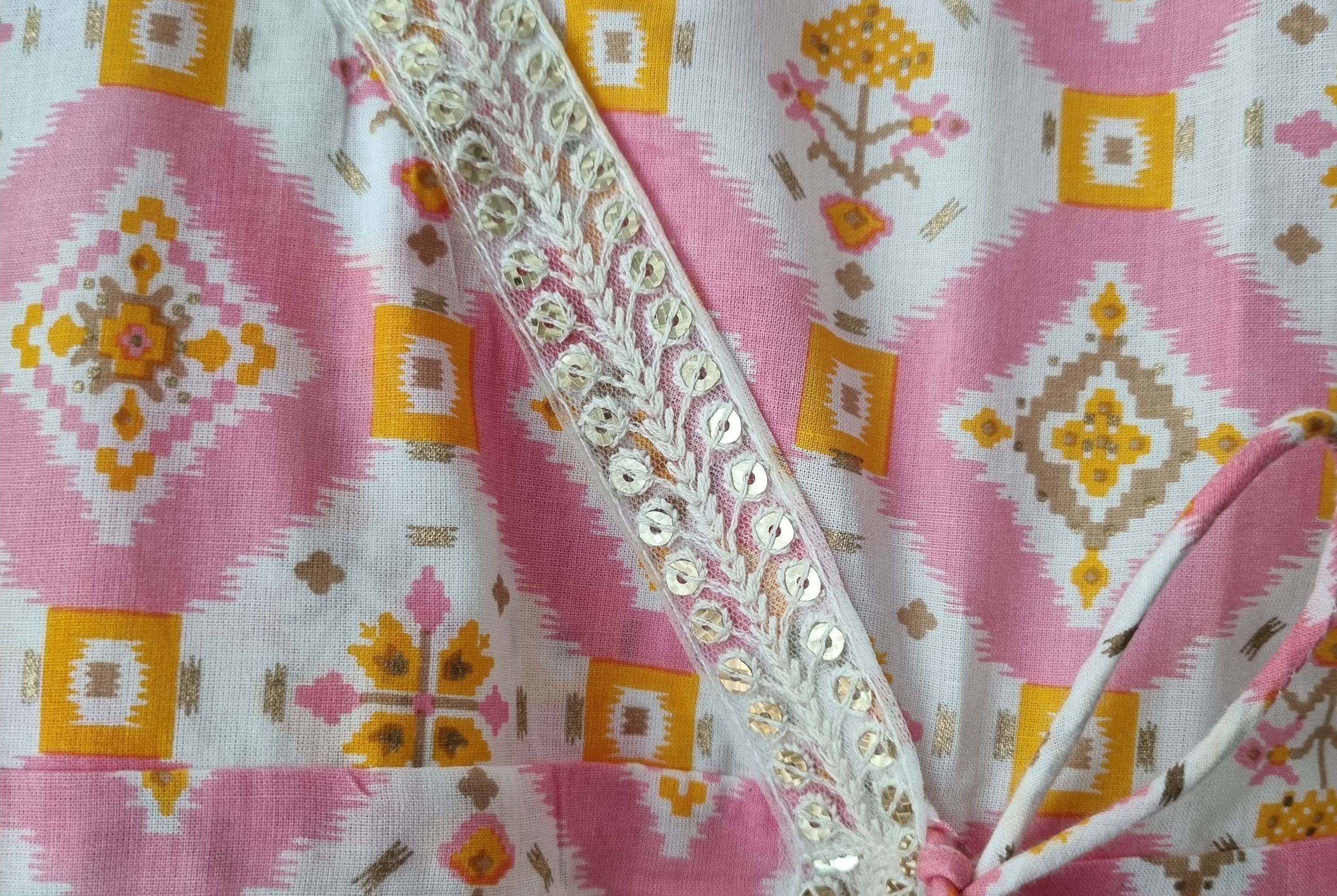 Pastel Pink Ikat Angarkha Kurti with Unicorn Colour Tassels - Nimbu Kids