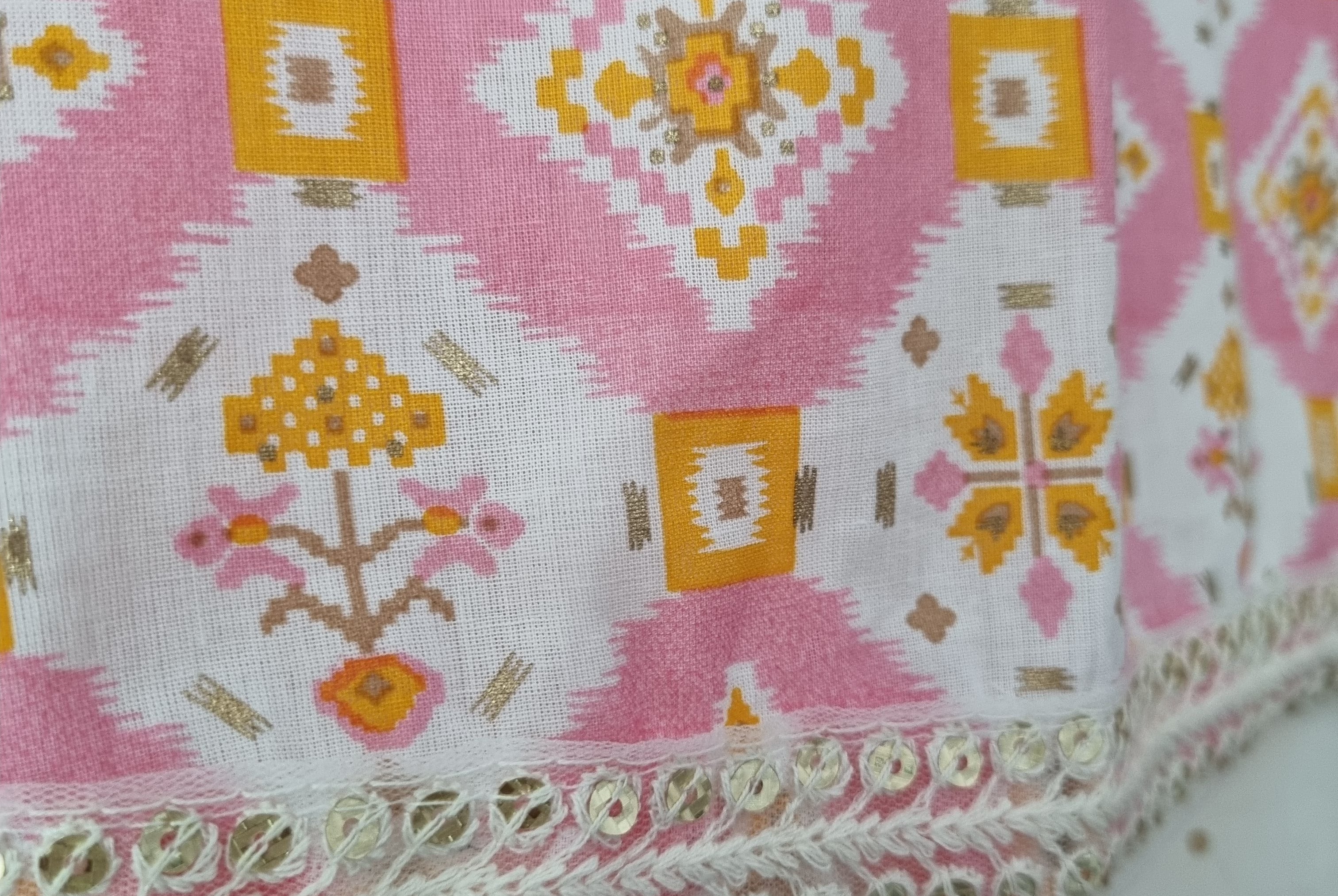 Pastel Pink Ikat Angarkha Kurti with Unicorn Colour Tassels - Nimbu Kids