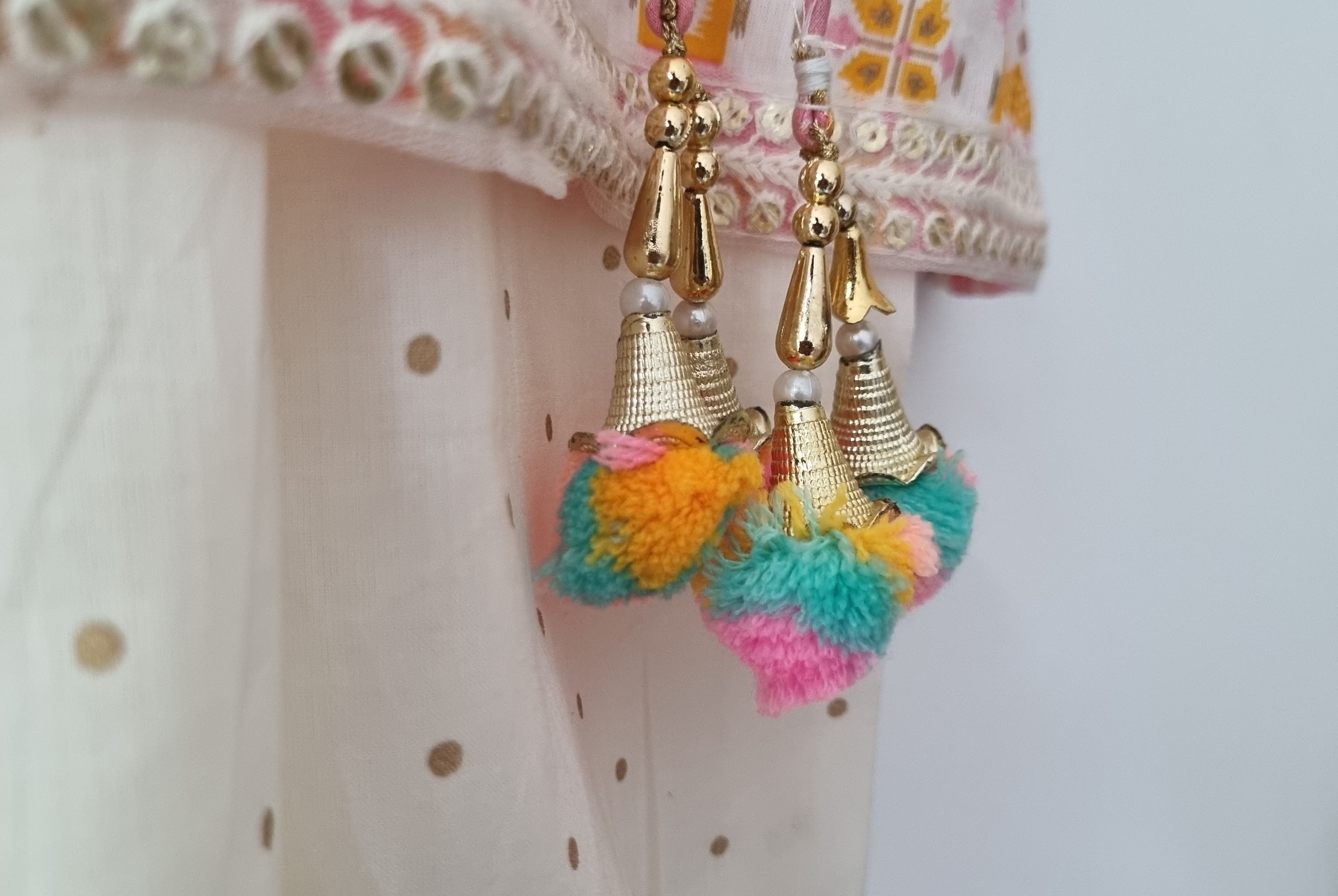 Pastel Pink Ikat Angarkha Kurti with Unicorn Colour Tassels - Nimbu Kids
