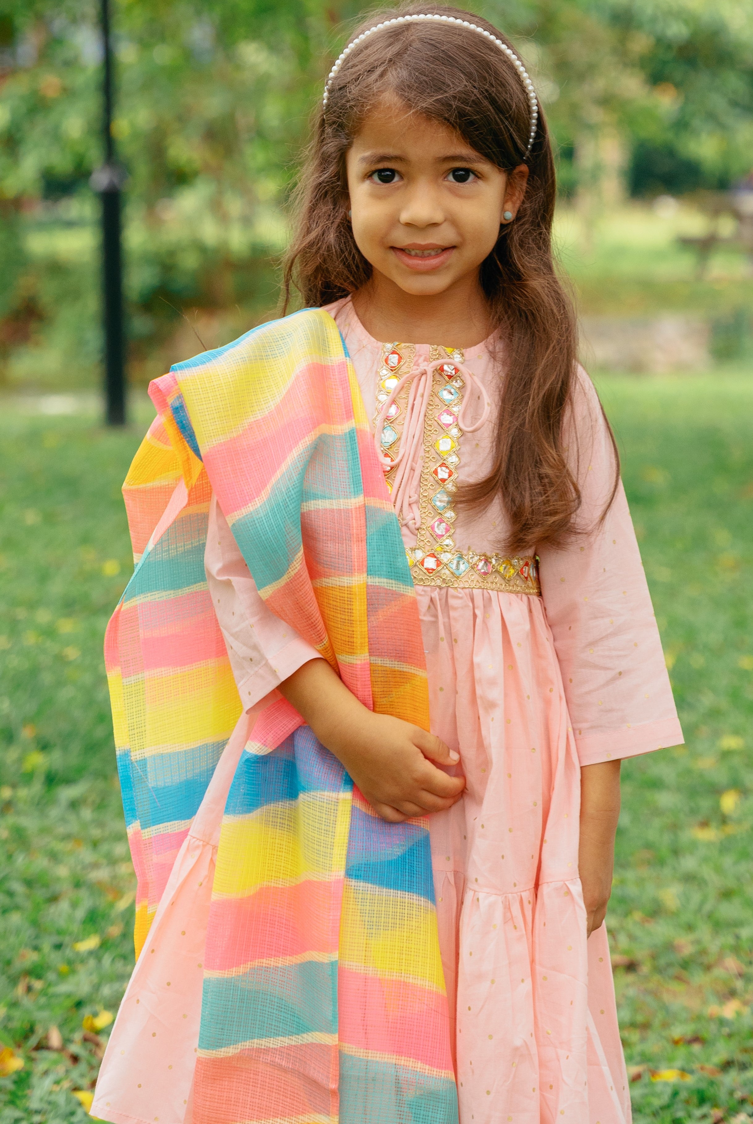 Princess Pink Anarkali with Matching Salwar & Rainbow Dupatta - Nimbu Kids