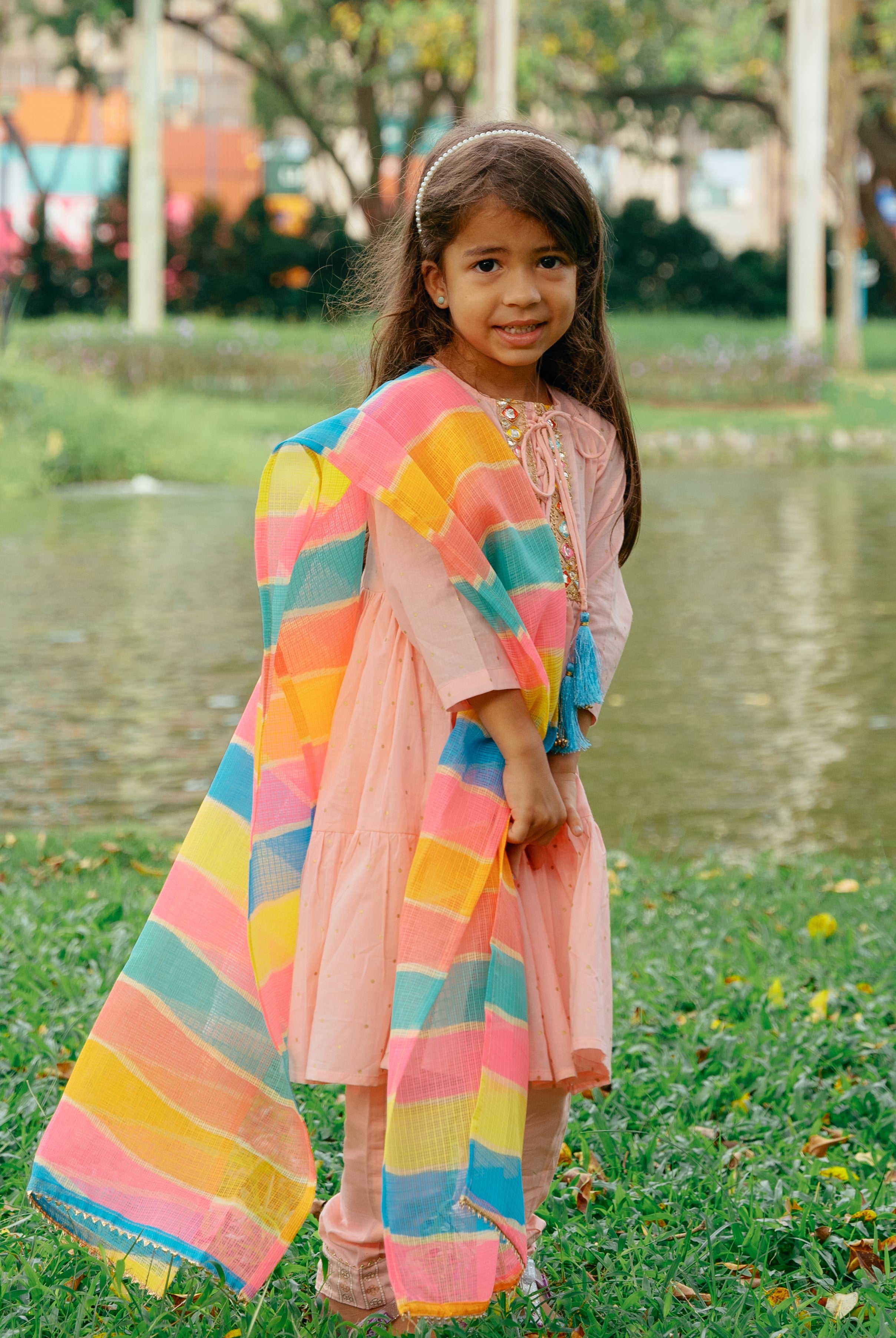 Princess Pink Anarkali with Matching Salwar & Rainbow Dupatta - Nimbu Kids