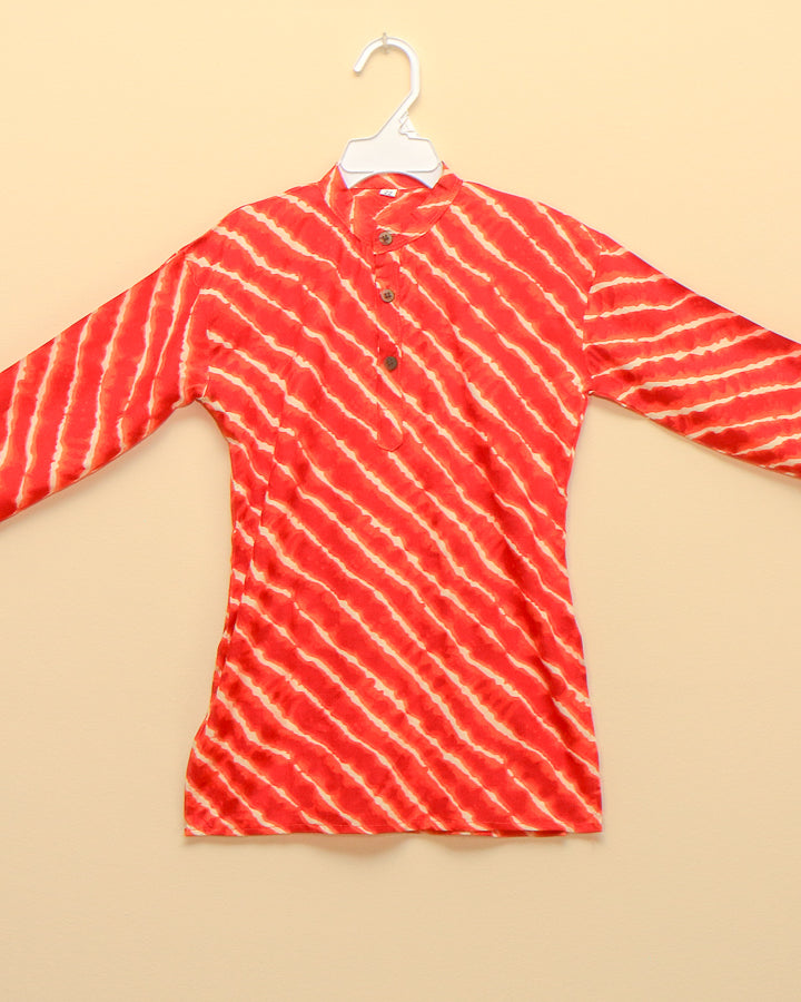Red Leheriya Stripes Kurta with Dhoti Pants - Nimbu Kids