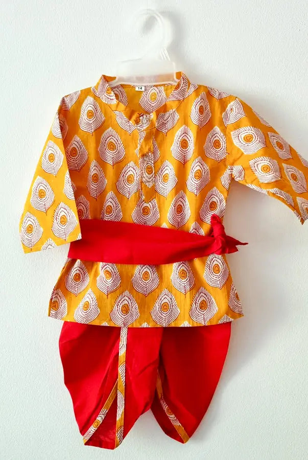 Krishna Style Kurta with Dhoti Pants in Yellow - Nimbu Kids