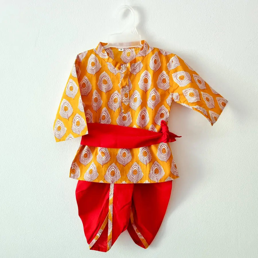 Krishna Style Kurta with Dhoti Pants in Yellow - Nimbu Kids