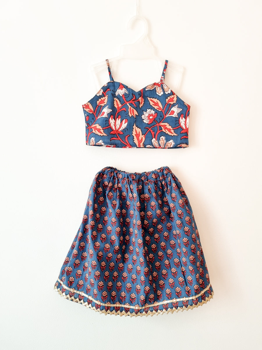 Royal Blue Chaniya Choli Crop Top & Skirt - Nimbu Kids