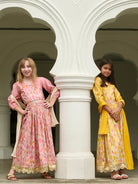 Rooh Pink Girls Lehenga Choli Set with Dupatta in Muslin Cotton Nimbu