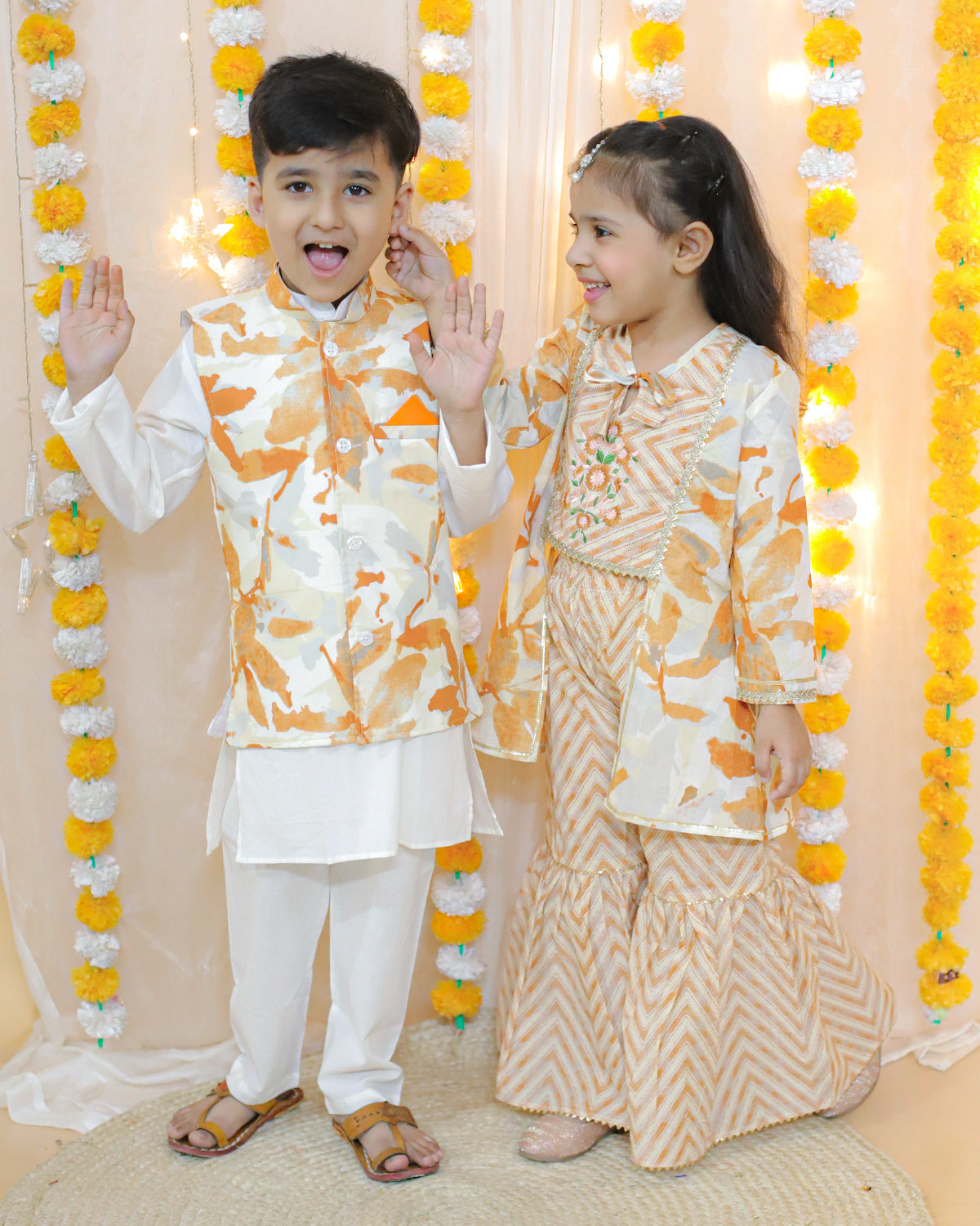 Splash Kurta Sharara set with Shrug in Orange