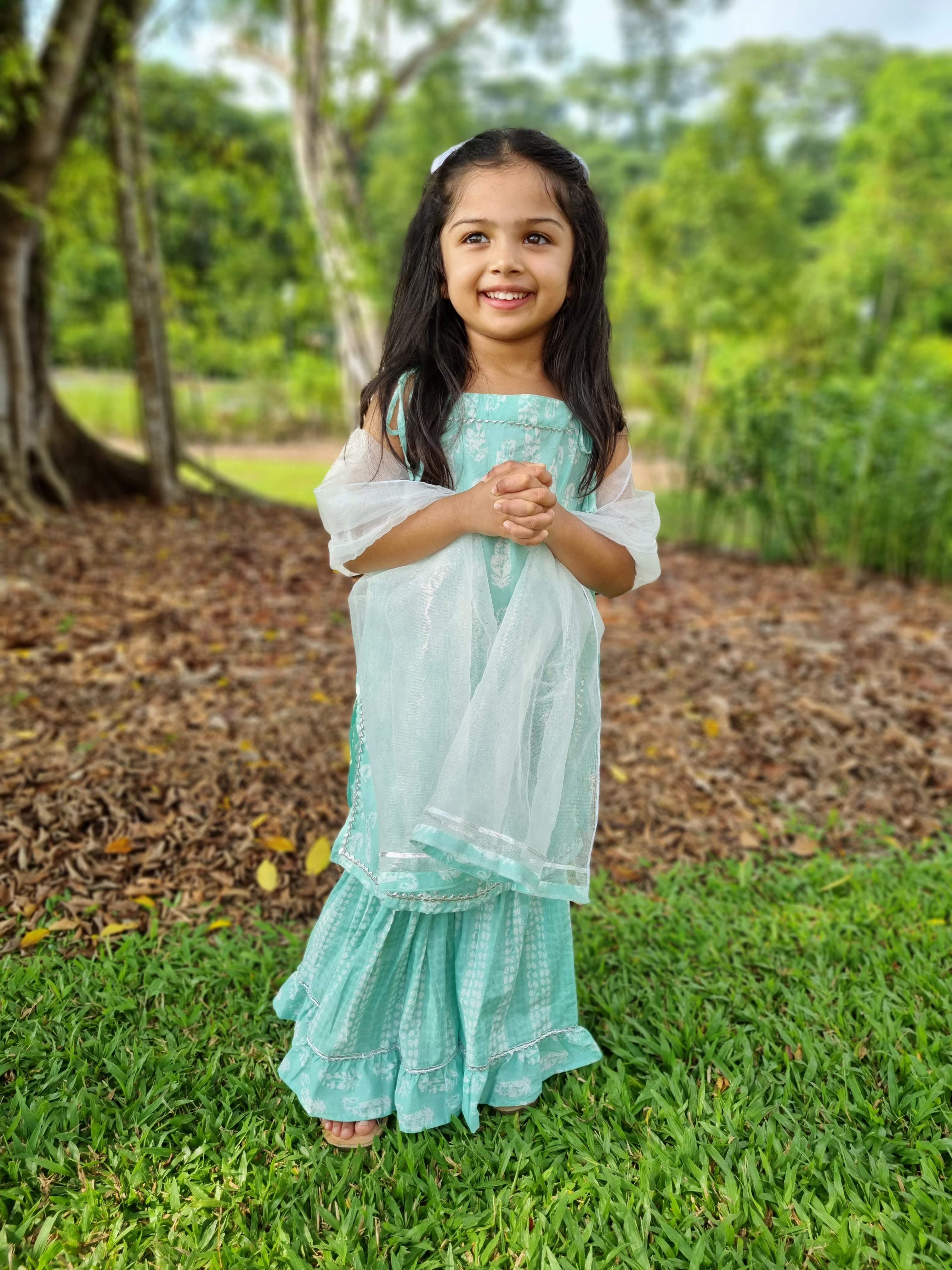 Sea Breeze Paisley Girls Sharara Set in Blue Nimbu Kids Singapore