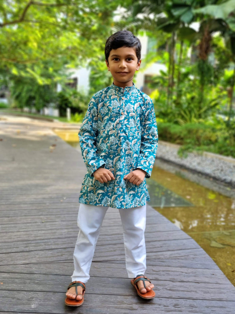 'Naaz' Kurta Pajama Set in Teal Blue Nimbu Kids Singapore