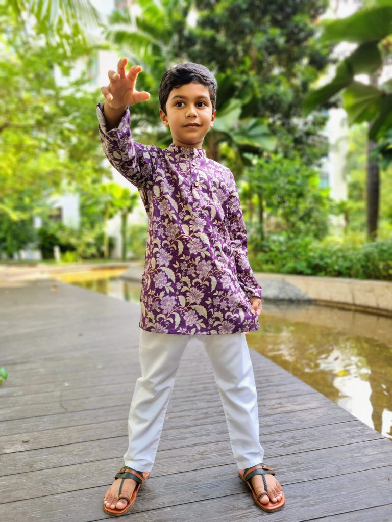 'Naaz' Kurta Pajama Set for boys in Royal Purple Nimbu Kids Singapore