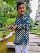 Midnight blue and yellow kurta pajama for noys by Nimbu Singapore