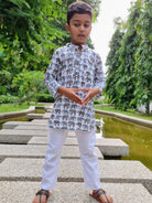 boys kurta pajama in white elephant print