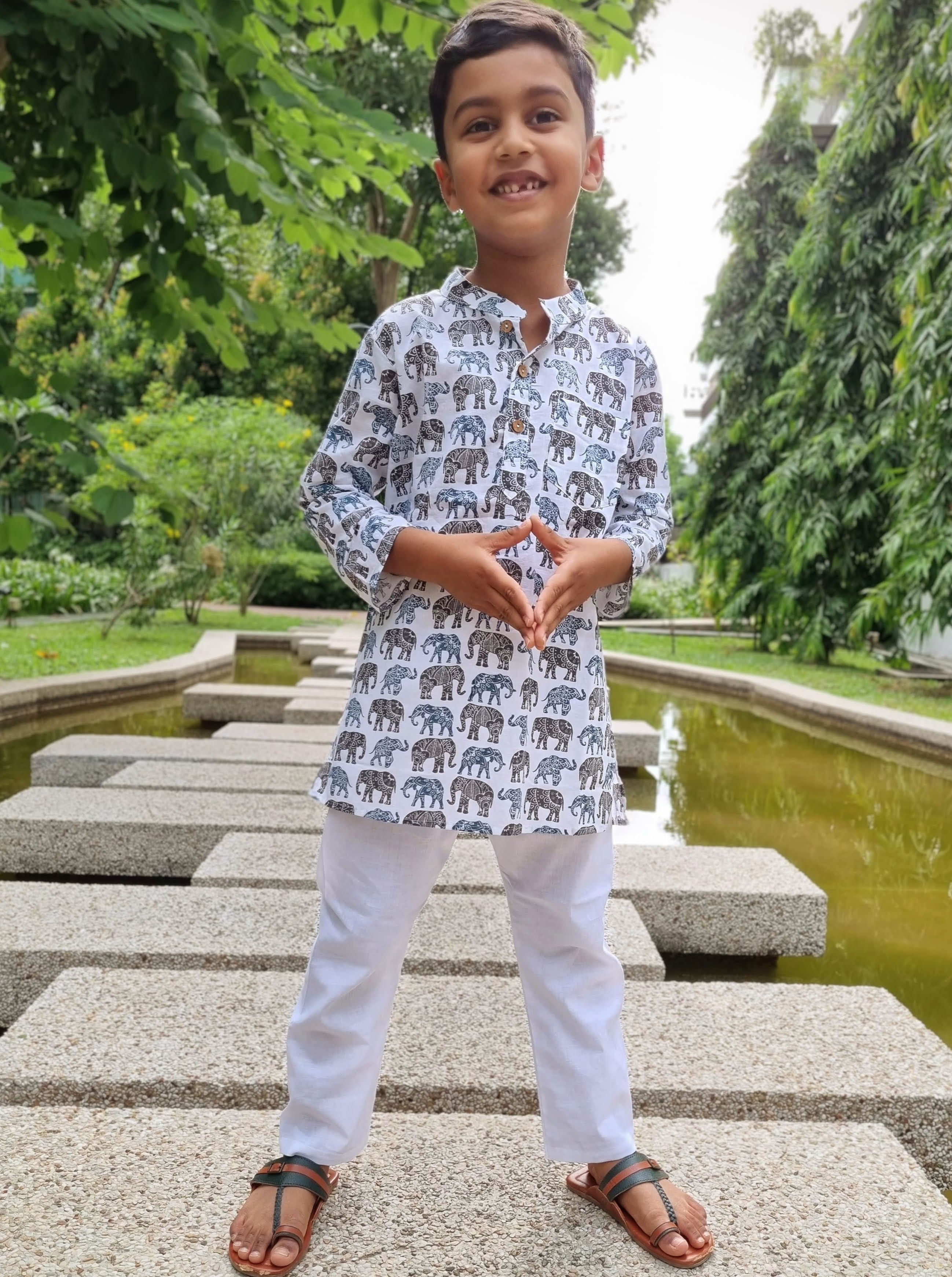 boys kurta pajama in white elephant print