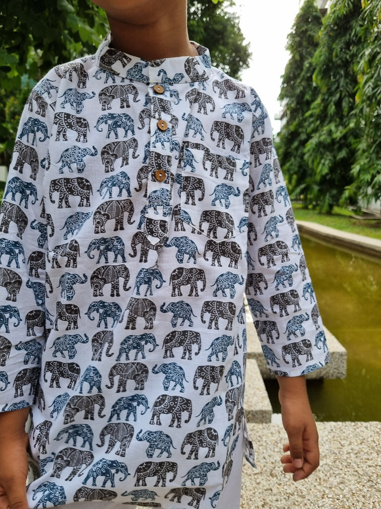 boys kurta pajama in white elephant print