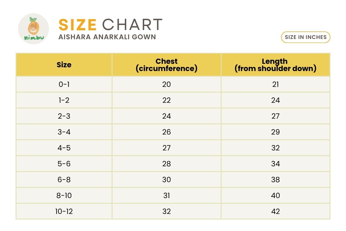 Size guide for Aishara Anarkali Gown Dress in Blue & Beige Block Print