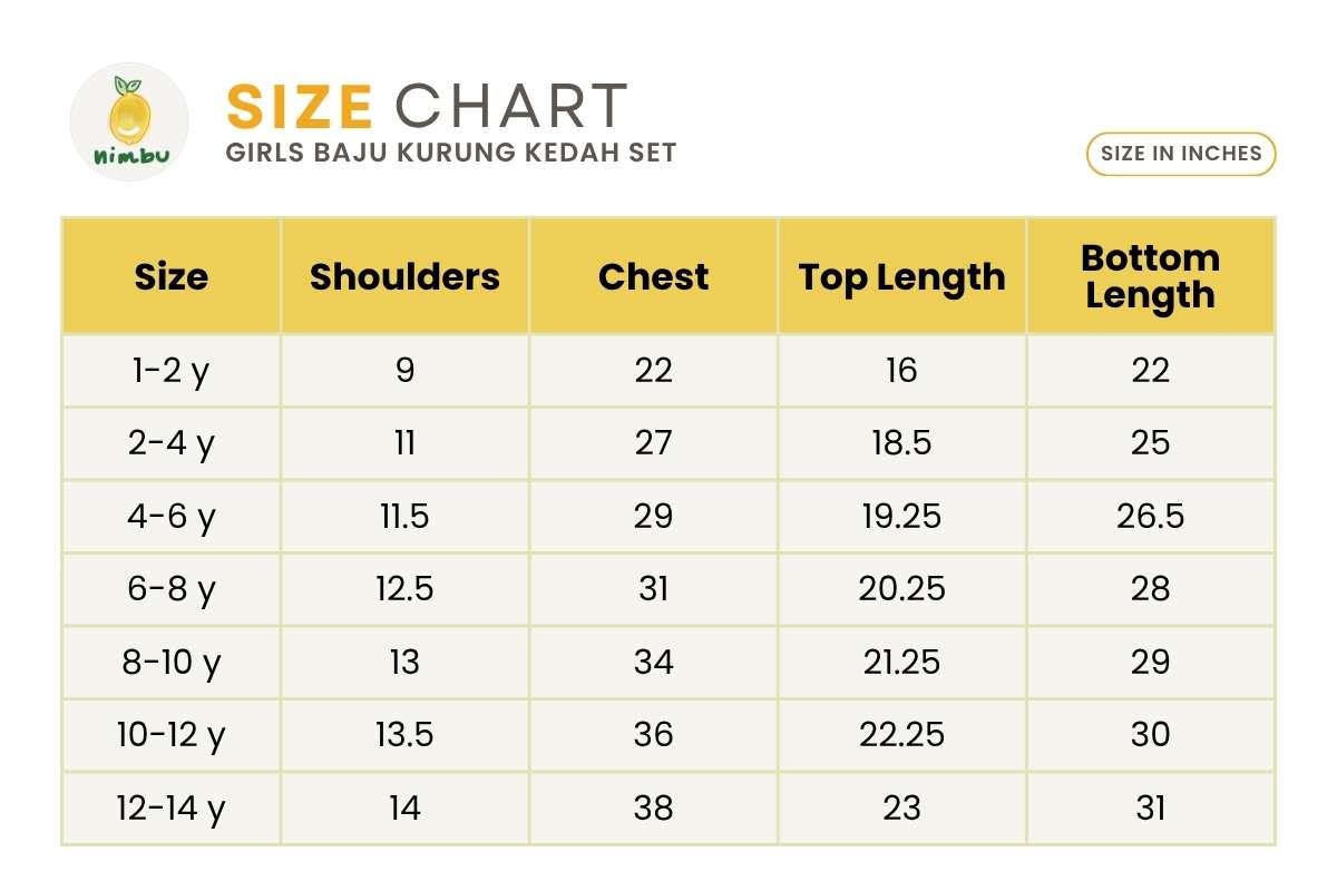 Size guide for Alia Girls Baju Kurung Kedah Set in Green & Gold