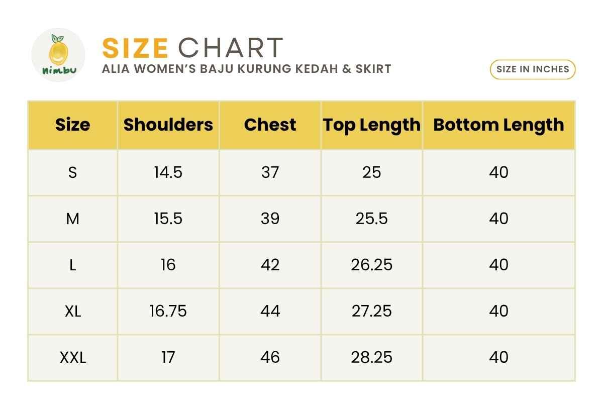 Size guide for Alia Women's Baju Kurung Kedah Top & Long Skirt 2-pc set in Green & Gold