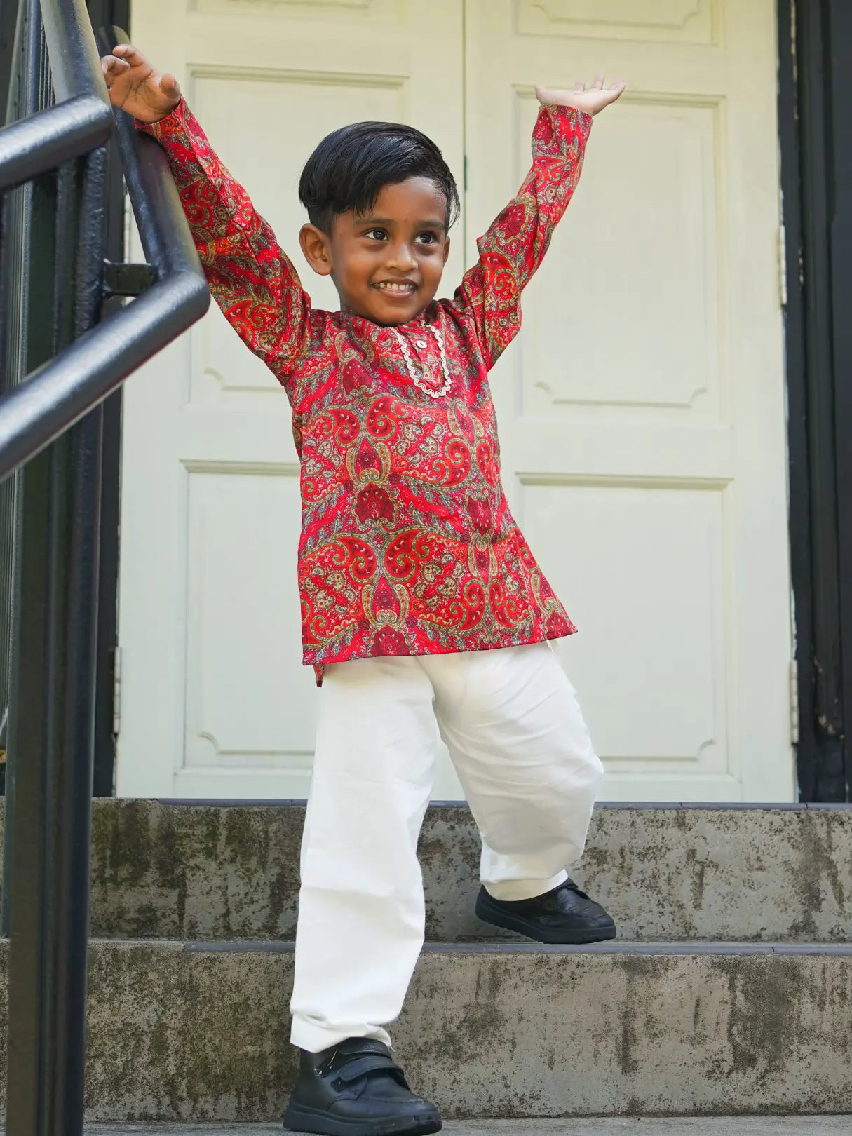 Amara Red Floral Boys Kurta Pajama in Muslin Cotton with Pockets Nimbu