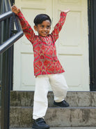 Amara Red Floral Boys Kurta Pajama in Muslin Cotton with Pockets Nimbu