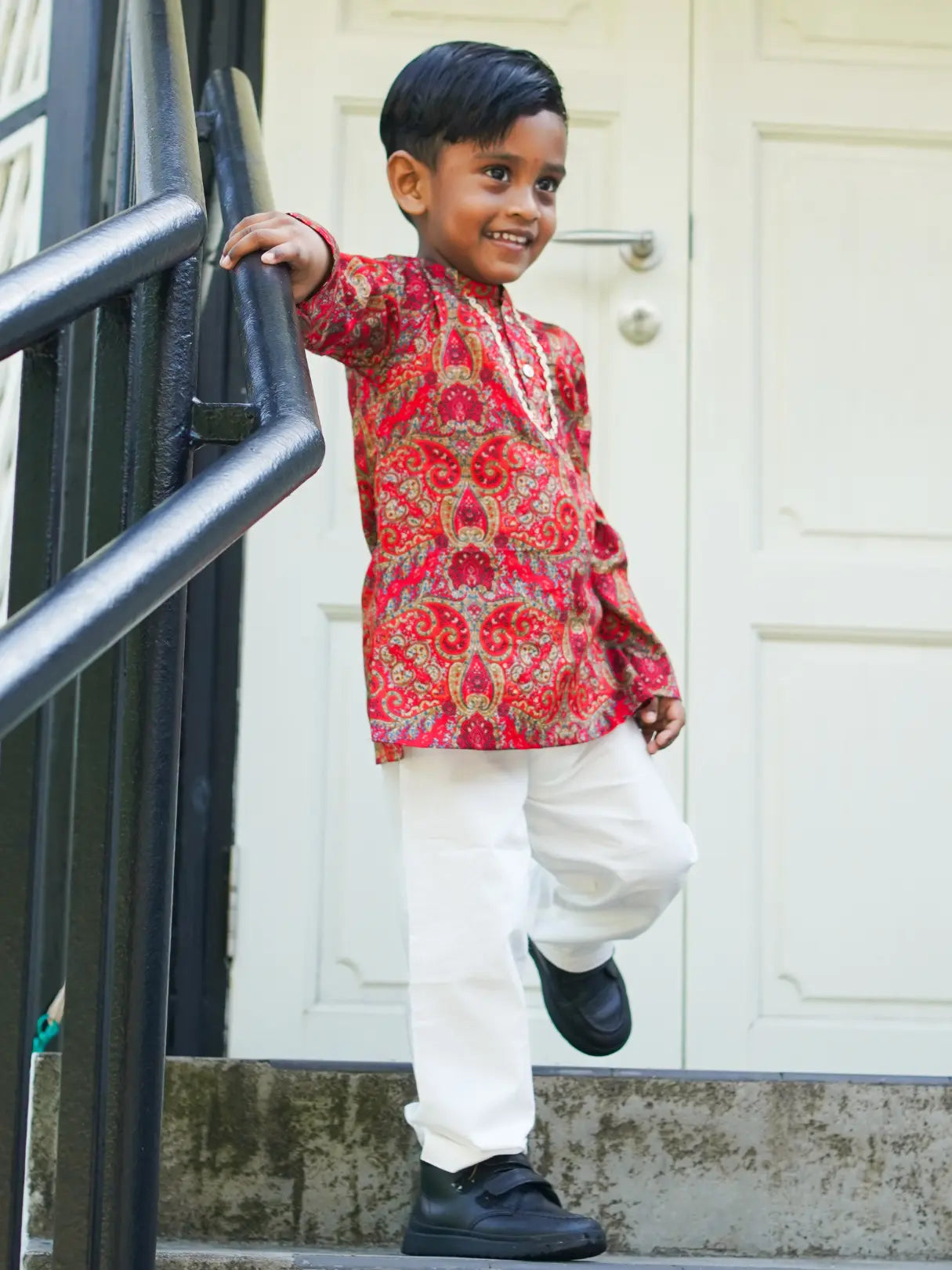 Amara Red Floral Boys Kurta Pajama in Muslin Cotton with Pockets Nimbu