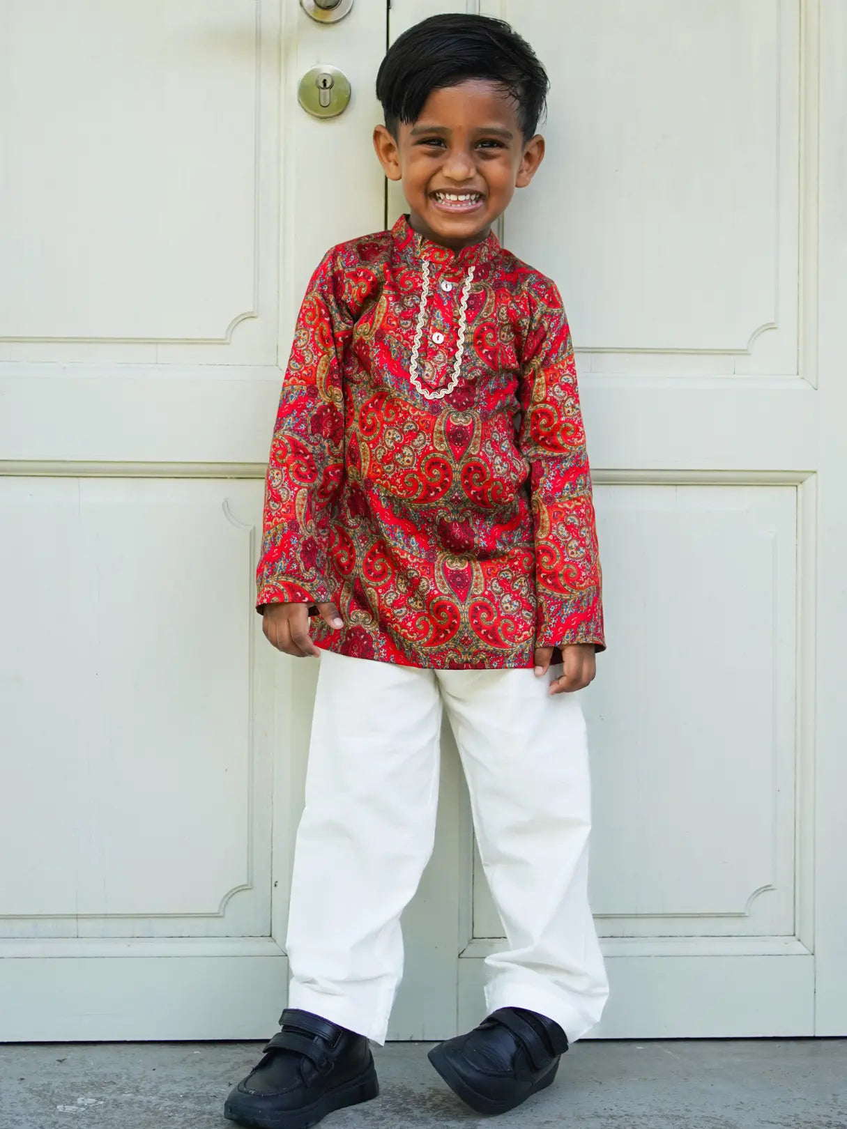 Amara Red Floral Boys Kurta Pajama in Muslin Cotton with Pockets Nimbu